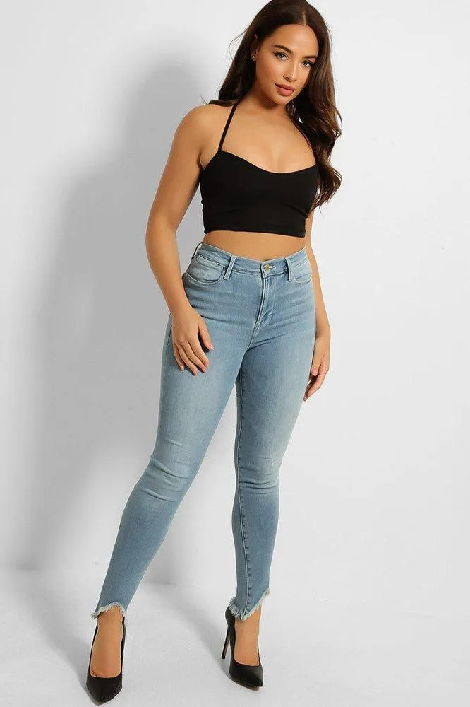 Light Blue Cut Out Fringed Hem Jeans