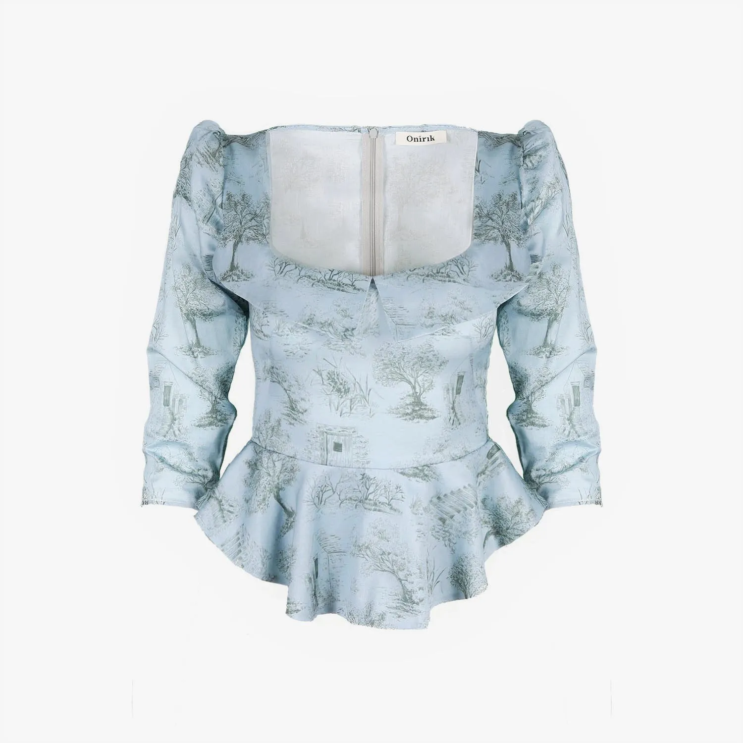 Mari Top / Cottage Blue   Pewter Green Cotton Toile