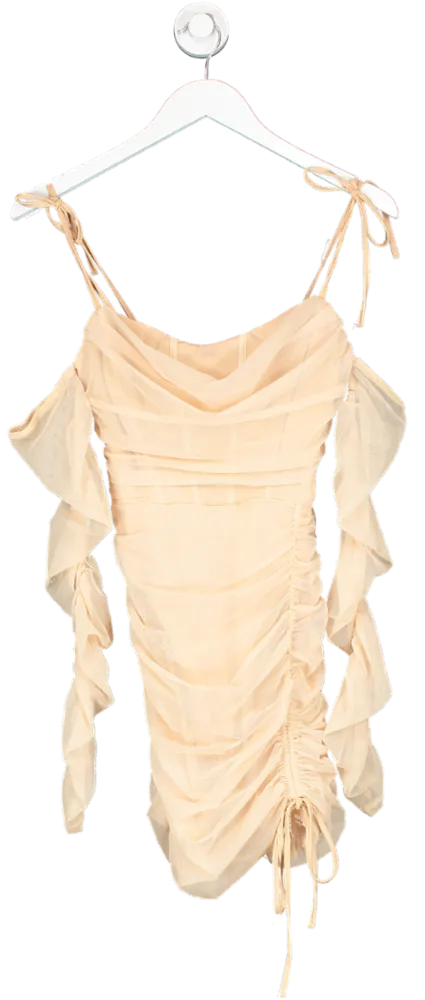 Oh Polly Nude Ruched Mesh Long Sleeve Mini Dress UK 6