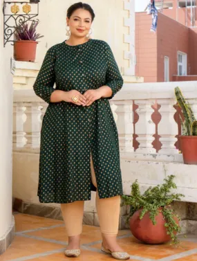 Plus Size Green Front Slit Princess Cut 'A' Line Kurti