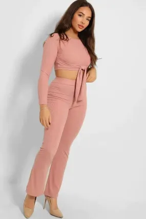 Ribbed Jersey Crop Tie Top And Trousers Set