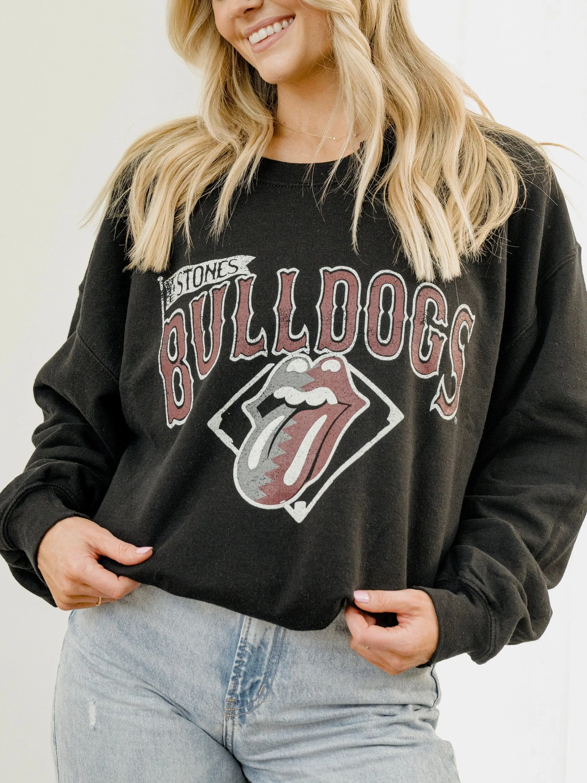 Rolling Stones MSU Bulldogs Baseball Diamond Black Thrifted Sweatshirt