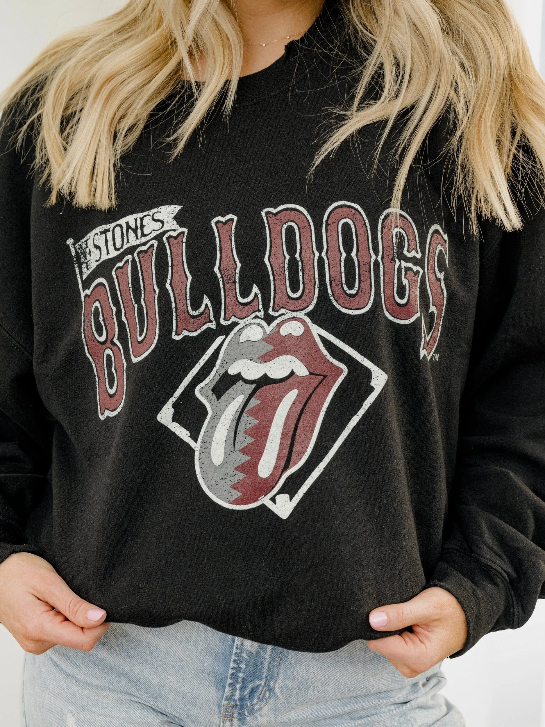 Rolling Stones MSU Bulldogs Baseball Diamond Black Thrifted Sweatshirt