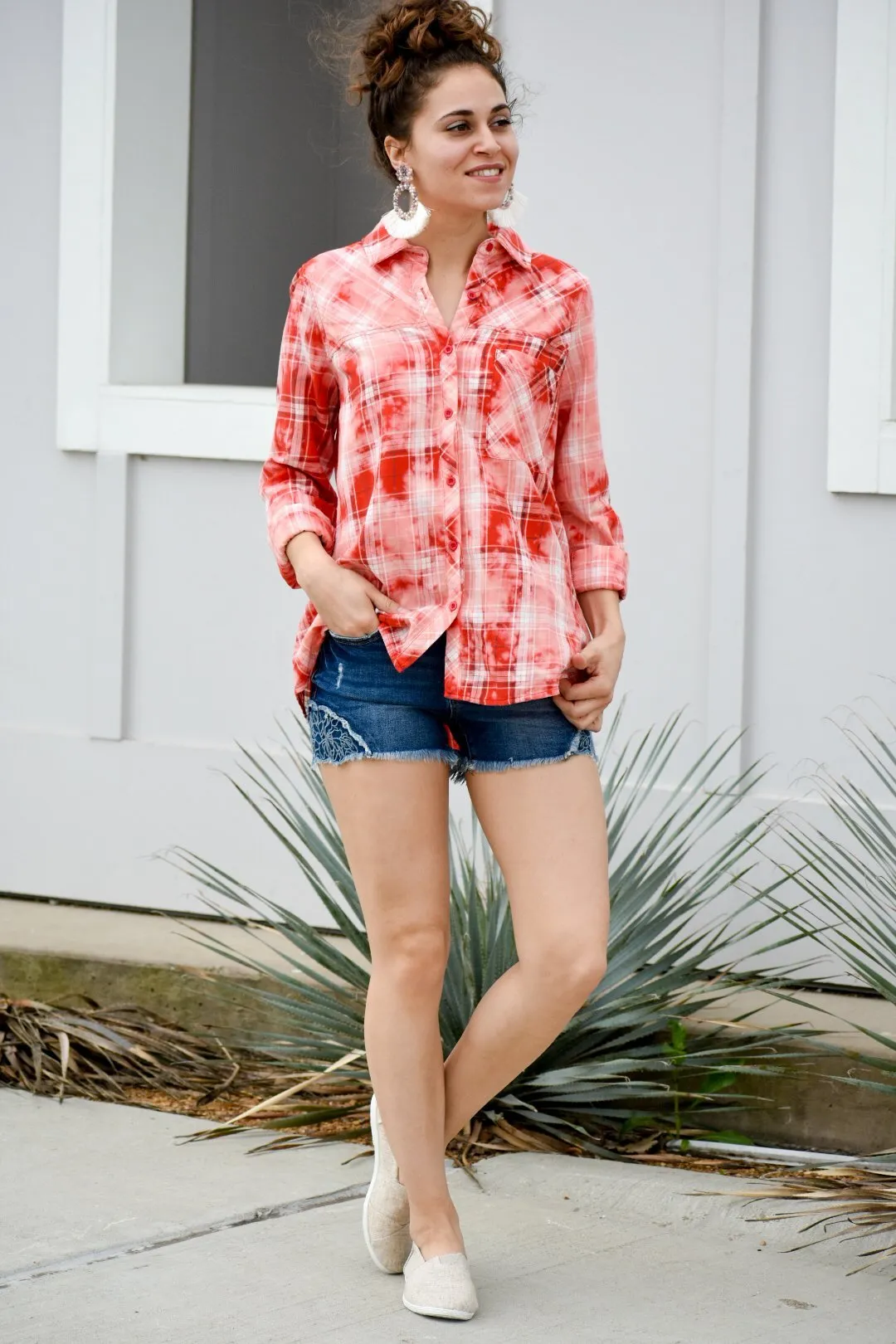 Your Goodness Coral Plaid Top