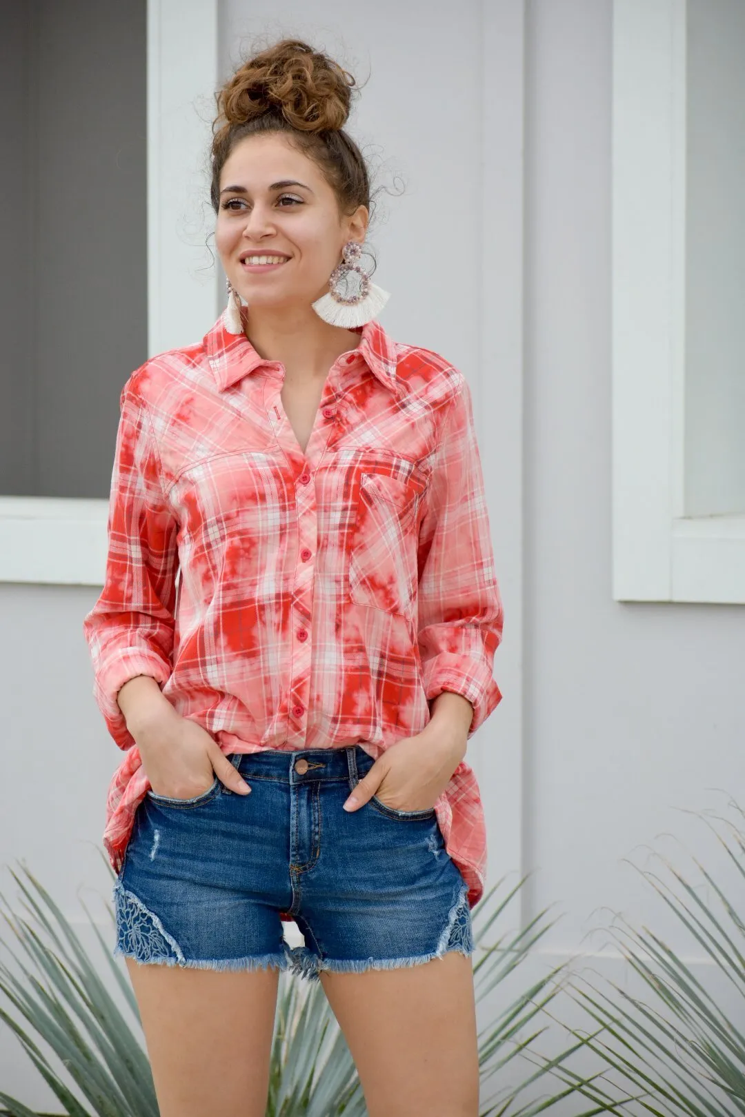 Your Goodness Coral Plaid Top