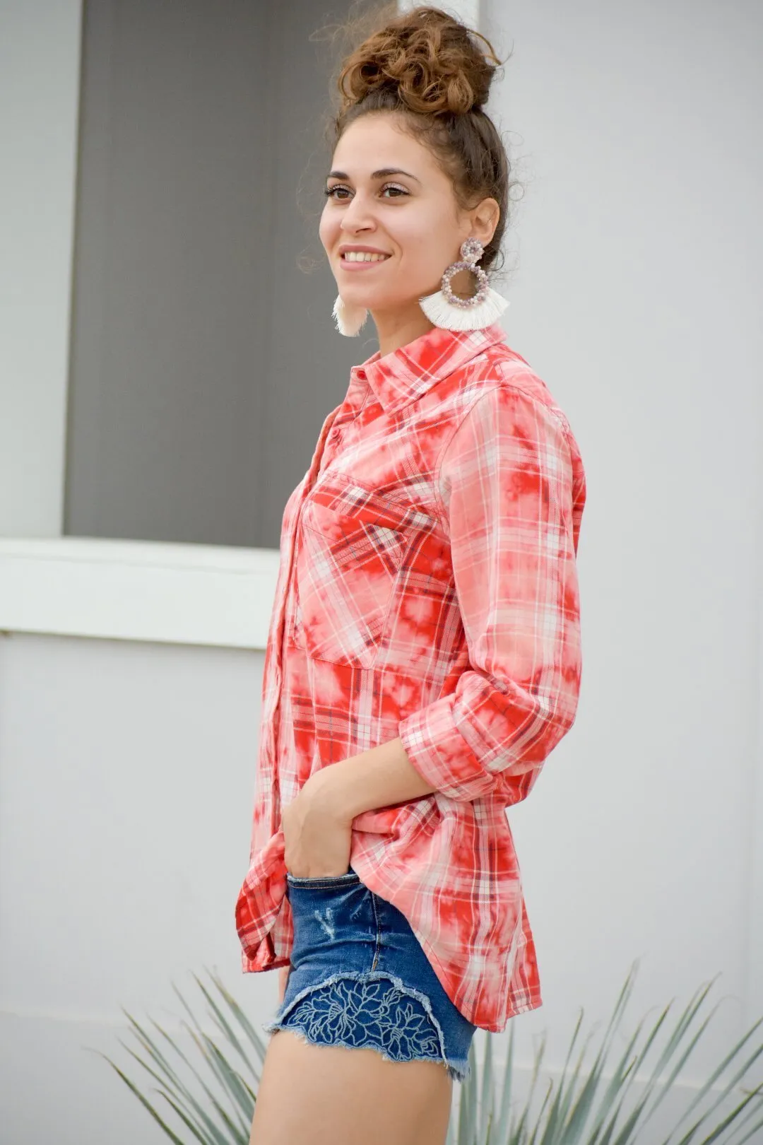 Your Goodness Coral Plaid Top