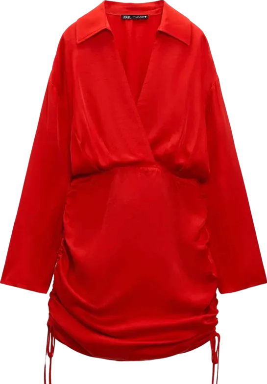 ZARA Red Satin Long Sleeve Ruched Mini Dress BNWT UK XS